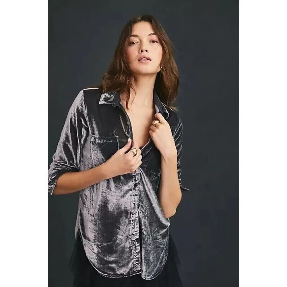 Anthropologie Pilcro Relaxed Velvet Buttondown Shirt Grey XS NEW